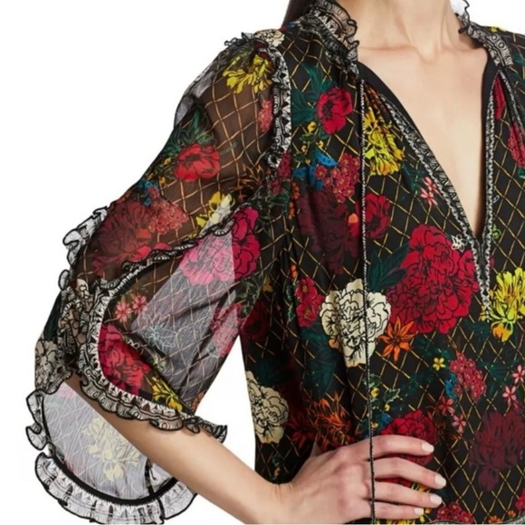 Alice + Olivia Julius Mona Ruffle Sleeve Mini Dress XS Boho Floral Shift - Picture 11 of 13